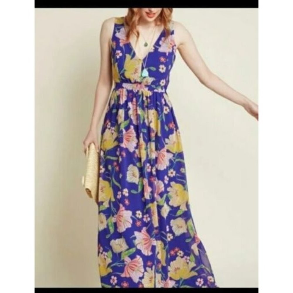 Modcloth Women's Sz. L Sapphire Floral Muster the Length Maxi Dress